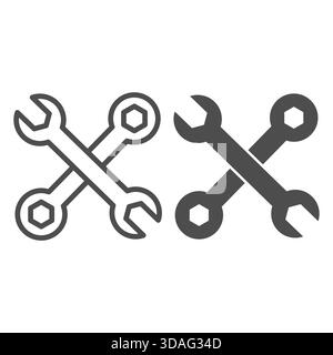 Wrenches line and solid icon, repair service concept. Vector graphics. Two crossed wrenches sign on white background, outline style icon for mobile or Stock Vector