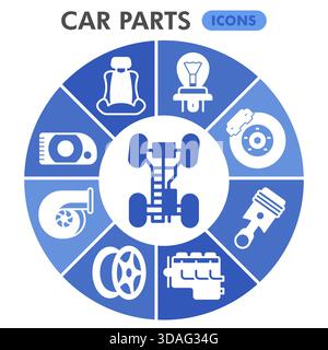 Car parts symbols collection or sketches, vehicle spare parts theme bubble with glyph style signs for web and app. Vector graphics isolated on white b Stock Vector
