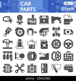 Car parts symbols collection or sketches, vehicle spare parts theme with glyph style signs for web and app. Vector graphics isolated on white backgrou Stock Vector