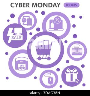 Cyber monday symbols collection or sketches, shopping theme bubble with glyph style signs for web and app. Vector graphics isolated on white backgroun Stock Vector