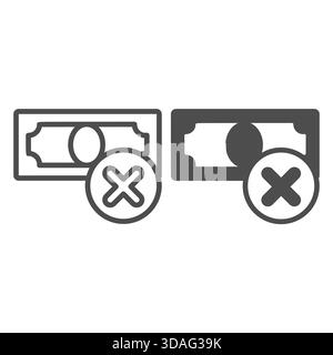 Paper dollar bill ban line and solid icon, cash concept. Vector graphics. Banknote with close button, forbidden item sign on white background, outline Stock Vector