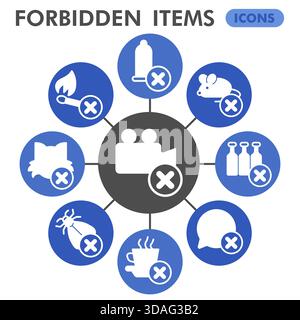 Prohibited items symbols collection or sketches, prohibition theme bubble with glyph style signs for web and app. Vector graphics isolated on white ba Stock Vector