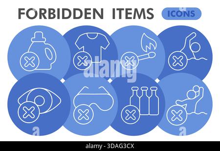 Prohibited items symbols collection or sketches, prohibition theme bubble with thin line style signs for web and app. Vector graphics isolated on whit Stock Vector