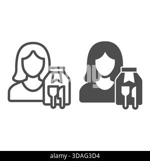 Woman and bag with fork and knife line and solid icon, fast food concept. Vector graphics. Girl and bag sign on white background, outline style icon f Stock Vector