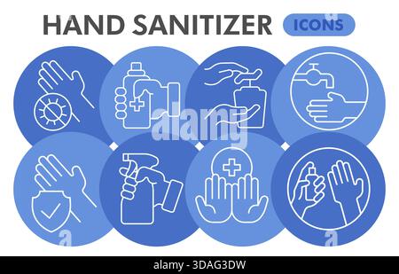 Hand sanitizer symbols collection or sketches, hygiene theme bubble with thin line style signs for web and app. Vector graphics isolated on white back Stock Vector