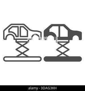 Car frame lifted by crane line and solid icon, car parts concept. Vector graphics. Car lift sign on white background, outline style icon for mobile or Stock Vector