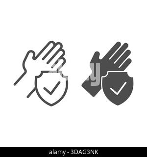 Clean hand badge line and solid icon, hand washing concept. Vector graphics. Palm and emblem with checkmark sign on white background, outline style ic Stock Vector