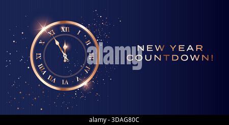 New Year Countdown background - shining golden clock on dark blue midnight background - luxury festive vector illustration - for banner, web header, e Stock Vector