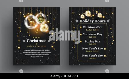 Luxury black and gold Merry Christmas and Happy New Year store signs with Holiday Hours - vertical templates for social media banners, posters for pri Stock Vector