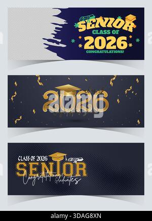 Luxury navy and gold Senior 2026 banner bundle featuring premium cap art, confetti, and elegant typography Stock Vector