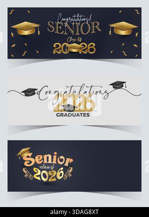 Stylish Senior 2026 banner set featuring gold decorative elements, modern typography, and premium dark layouts Stock Vector