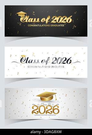 Clean white and gold Class of 2026 graduation banner featuring soft accents and elegant decorative style Stock Vector