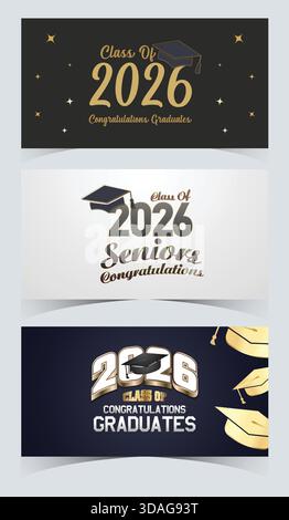 Strong and modern Senior 2026 banner decorated with gold confetti and bold metallic typography Stock Vector