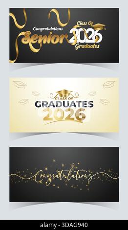 Minimal white and gold Graduates 2026 banner featuring clean layout and premium celebration accents Stock Vector