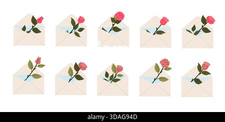 A set of envelopes with pink roses inside. Vector illustration on a white background. Stock Vector