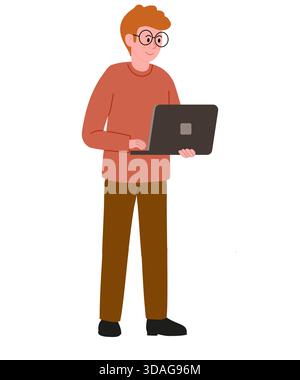 Man with red hair standing and holding laptop in his hands, wearing specialist glasses. Programmer, collection of professions Stock Vector