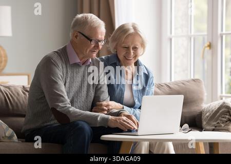 Smiling senior husband teaching older wife to work on notebook Stock Photo