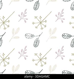 Seamless pattern with various plant elements, leaves, flowers arranged diagonally. Design with winter plants for wallpaper. Stock Vector