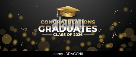 Strong and elegant black-and-gold Class of 2026 graduation banner with bold lettering and festive accents Stock Vector
