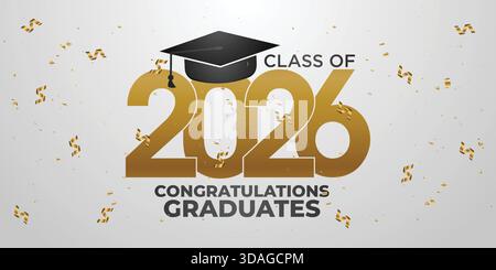 Clean and luxurious Class of 2026 graduation banner featuring gold text, cap graphic, and white confetti background Stock Vector