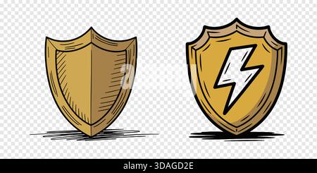 Sketch-Style Shield Vector Set with Lightning Bolt Emblem on Transparent Background Stock Vector