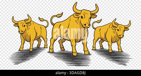 Three Golden Bulls Vector Illustration Symbolizing Strength, Power, and Growth Stock Vector