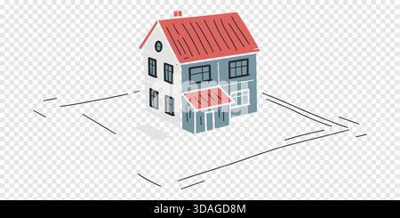Isometric Two-Story House with Red Roof and Property Lines on Transparent Background Stock Vector
