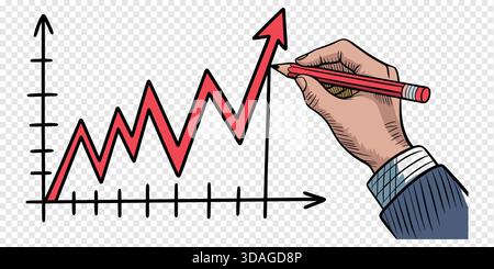 Rising Stock Market Graph Hand-Drawn with Red Pencil and Upward Arrow Stock Vector