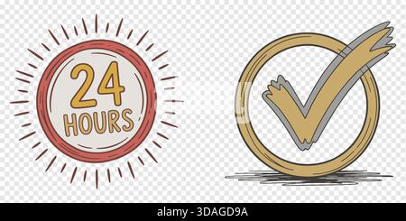 24 Hours Service Badge and Approval Checkmark Sketch Style Icons Stock Vector