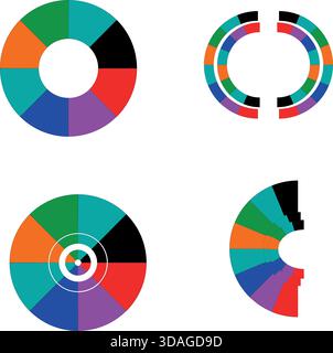 Colorful geometric abstract circular design elements and segmented shapes showcasing diverse bright palette variations suitable for modern technology Stock Vector
