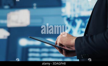 Engineer studying AI brain for data structures and predictive analytics, highlighting smart technology and deep learning for innovation and productivity. Algorithmic thinking. Camera A. Stock Photo
