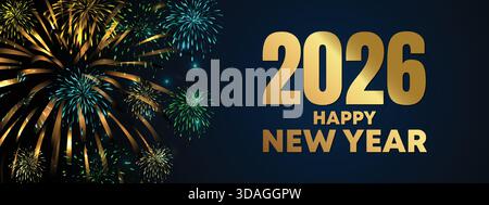 Gold Fireworks Happy New Year 2026 Celebration Banner Stock Vector