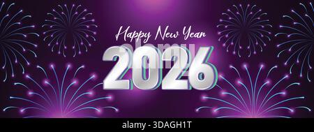 Neon Purple Fireworks Happy New Year 2026 Banner Stock Vector