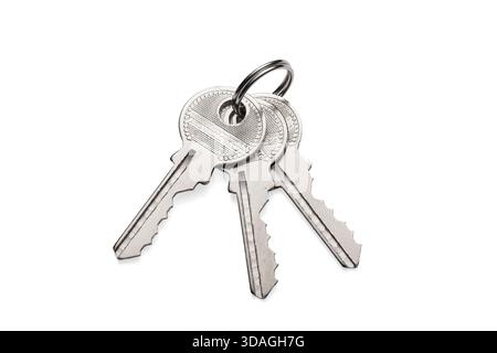 Silver keys on metal keyring or keychain isolated on transparent white background Stock Photo