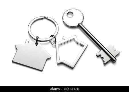 Silver keys with house keychain for home isolated on transparent white background Stock Photo