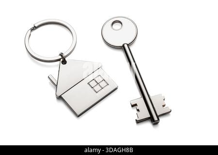 Silver keys with house keychain for home isolated on transparent white background Stock Photo