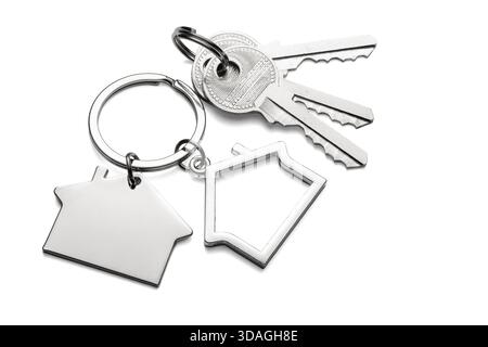 Silver keys with house keychain for home isolated on transparent white background Stock Photo