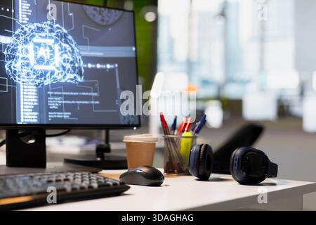 Close up of PC screen in AI startup office desk displaying neural networks application code. Workstation in software development workplace used for deep learning testing and quality assurance Stock Photo