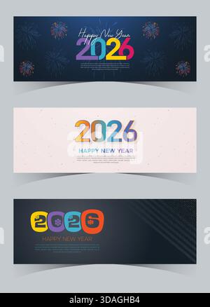 Clean White 2026 New Year Banner with Light Grey Text and Subtle Sparkles Stock Vector