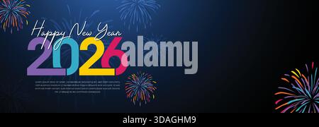 Futuristic 2026 New Year Banner with Multicolor Typography and Dark Gradient Background Stock Vector