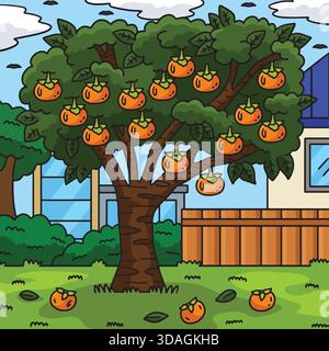 Persimmon Tree Fruit Plant Nature Colored Cartoon  Stock Vector