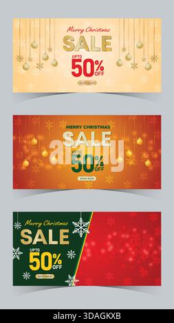 Modern Holiday Banners Vol 02 Christmas sale layouts with hanging baubles, snowflakes and dual tone backgrounds Stock Vector
