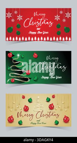 Red and Green Christmas Banners Set High contrast templates with snowflake bursts and bold sale messages Stock Vector