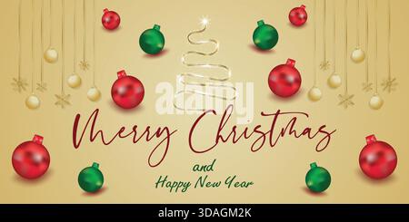 Modern minimal Merry Christmas card with golden tree and floating baubles Stock Vector