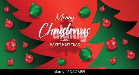 Christmas greeting card with papercut layered trees and hanging ornaments on red background Stock Vector