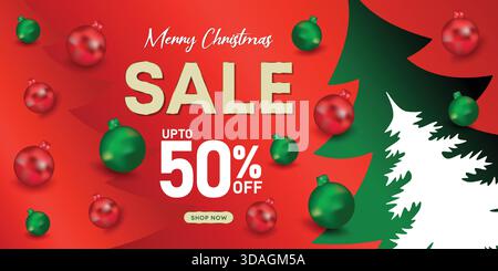 Christmas sale poster with paper-cut tree and realistic ornaments on red background Stock Vector