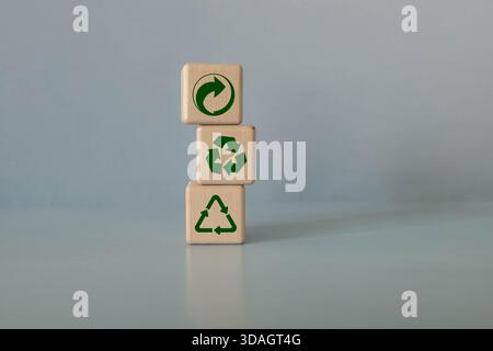 Stop destroy nature. Circular economy concept, recycle, environment, reuse, manufacturing, waste, consumer, resource. Wooden cubes on the table; the s Stock Photo