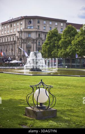Lantern, garden, bowling green, lawn, trees, cascade fountain, general architecture, side light, shadow, depth of field with blurred background, sun, Stock Photo