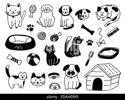 Set of Hand drawn pet animals and accessories in outline doodle style. Vector collection of cute pet illustration elements Stock Vector