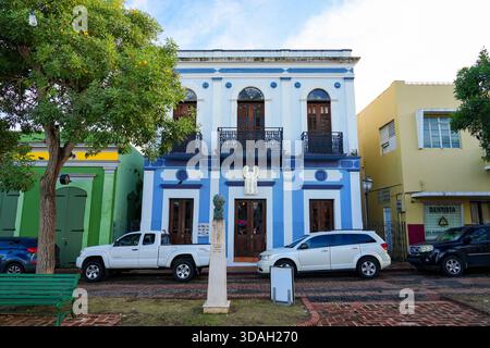 Blue colonial house in San Germán Historic District, Puerto Rico's Second Oldest City in the Caribbean Stock Photo